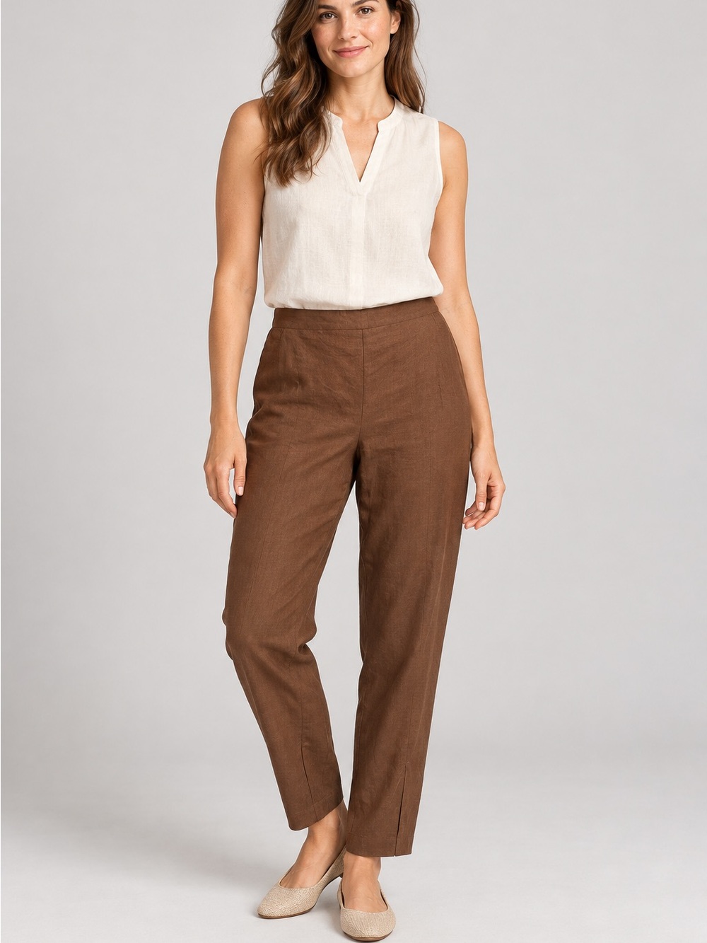 J. Jill Brown Straight Leg Linen-Blend Pants Small